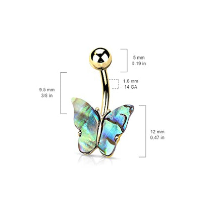 Pierced Owl - 14GA Abalone Shell Covered Butterfly 316L Surgical Stainless Steel Navel Belly Button Ring - style: Gold tone