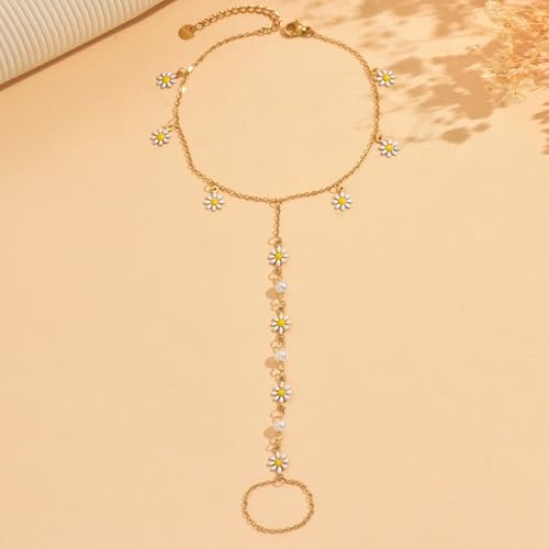 Ankle Bracelets for Women 18K Gold Plated Dainty Pearl Cross CZ Anklets Daisy Moon Star Gold Bead Satellite Cuban Link Chain Waterproof Summer Beach Foot Jewelry - style: Daisy Pearl-Gold