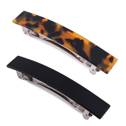 2 Pack French Design Hair Barrettes Tortoise Shell Acetate Celluloid Rectangle Hair Clips for Women - color: Black+Dark Tortoise