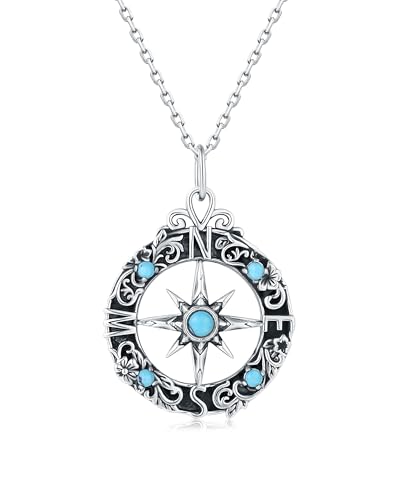 925-Sterling-Silver Turquoise Dragonfly/Hummingbird/Compass/Anchor/Butterfly/Cross/Lotus Necklaces Vintage Boho Pendant Jewelry Victorian Christmas Birthday Gifts for Women - style: Compass Turquoise Necklace