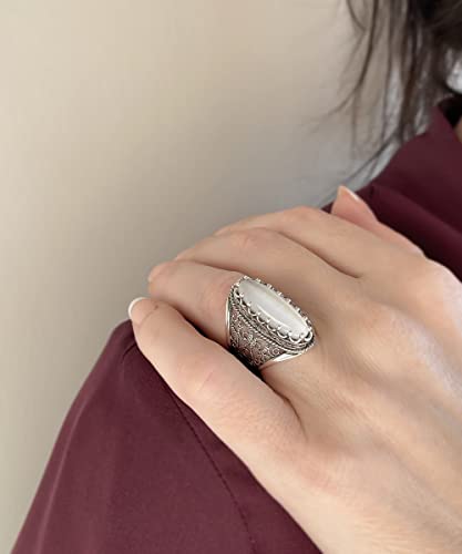 Filigranist 925 Sterling Silver Handcrafted Filigree Art Women Oval Boho Statement Ring with Gemstones, Gift Boxed - color: Mother of Pearl, size: 10.5