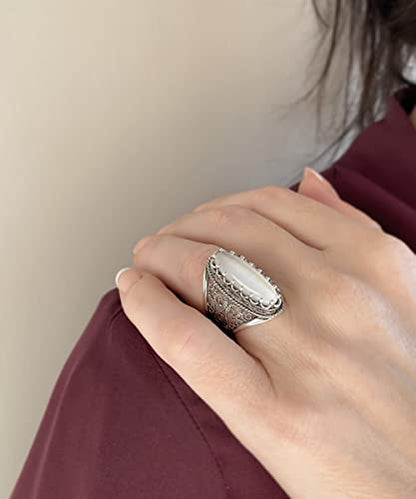 Filigranist 925 Sterling Silver Handcrafted Filigree Art Women Oval Boho Statement Ring with Gemstones, Gift Boxed - color: Mother of Pearl, size: 10.5