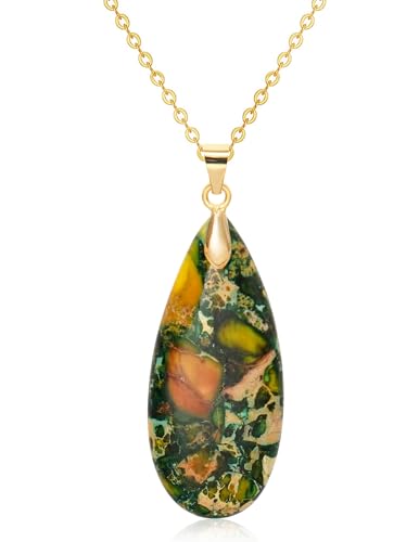 Stone Necklaces for Women Teardrop Gemstone Pendant Necklace Natural Stone Chain Necklaces - color: Yellow Green