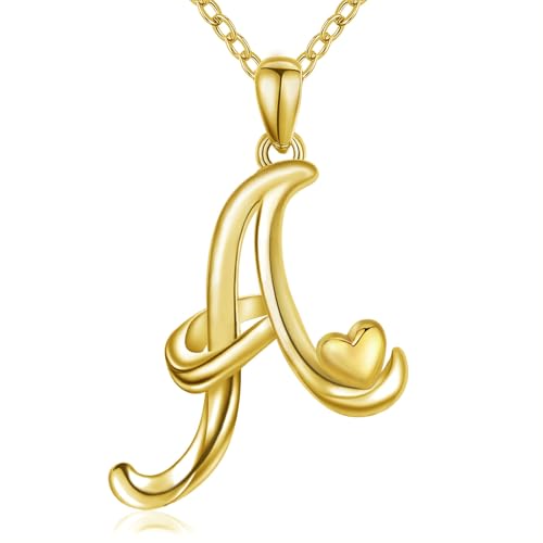 CELESTIA 925 Sterling Silver Initial Necklaces 26 Letter with Rose Gold Heart - 18 Inch Chain - color: Gold-A