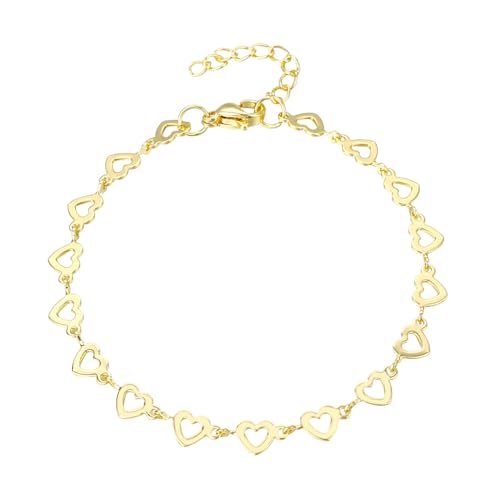 14K White Gold Plated Link Bracelet for Women Heart Star Round Beaded Charms Dainty Chain Simple Jewelry Gifts - color: hollow heart-gold