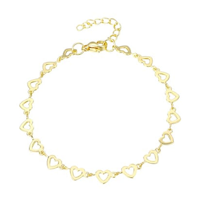 14K White Gold Plated Link Bracelet for Women Heart Star Round Beaded Charms Dainty Chain Simple Jewelry Gifts - color: hollow heart-gold