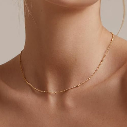 14K Gold Plated Chain Necklace for Women Trendy - 925 Sterling Silver Clasp | Waterproof Dainty Choker Necklace, 14/16/18/20 inch Thin Simple Box Figaro Chain Herringbone Necklace Jewelry for Women Men - color: Satellite