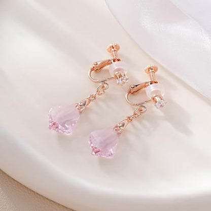 Austrian Crystal Baroque Drop Clip On Dangle Earrings for Women Non Pierced 14K Rose Gold Plated Hypoallergenic Jewelry - color: Pink
