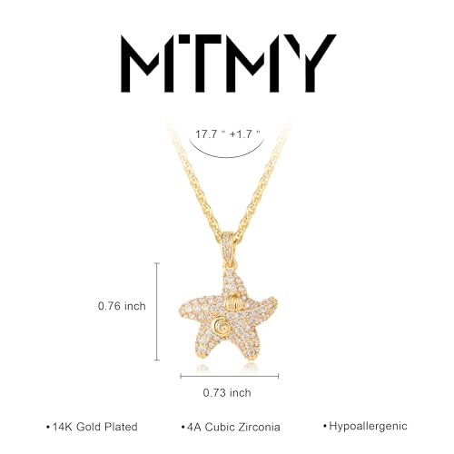 MTMY Gold Starfish Necklace 14K Gold Plated Shell Conch Ocean Pendant Necklace for Women Beach Summer Jewelry - style: cz wave starfish