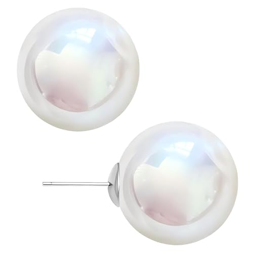 White Faux Pearl Stud Earrings, S925 Silver Posts Hypoallergenic for Women - color: Pinkish White, size: 14mm
