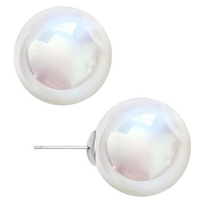 White Faux Pearl Stud Earrings, S925 Silver Posts Hypoallergenic for Women - color: Pinkish White, size: 14mm