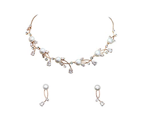 Faship Genuine 10mm Freshwater Pearls Floral Necklace Earrings Set | Premium CZ Crystal, Gorgeous, Sparkling - color: Clear/Rose Gold