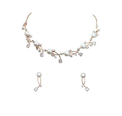 Faship Genuine 10mm Freshwater Pearls Floral Necklace Earrings Set | Premium CZ Crystal, Gorgeous, Sparkling - color: Clear/Rose Gold