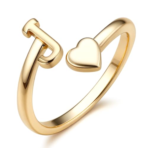 FUNRUN JEWELRY Gold Initial Ring for Women Non Tarnish 14K Gold Plated | Adjustable Letter Rings A-Z Dainty Heart Alphabet Stackable Band Rings Trendy Capital Letter Pinky Knuckle Thumb Ring - style: J Initial Ring