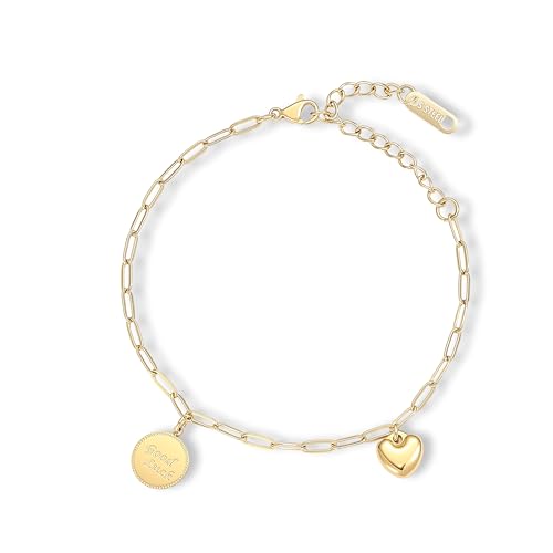 18K Gold Plated Paperclip Link Chain Bracelet with Charms, Gift with a Box - color: Heart and Good Luck