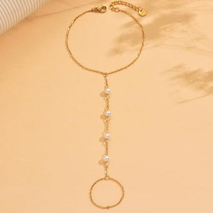 Gold Hand Chain Bracelet for Women 18K Gold Plated Stainless Steel Ring Bracelet Hand Chain with Pearl Star CZ Adjustable Hand Jewelry Chain Gifts - color: Y 4Pearl-Gold