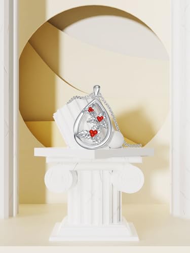 12 Month Birth Flower Necklace for Women 925 Sterling Silver Floral Teardrop Pendant Birthday Jewelry Gifts - color: 12. December Holly