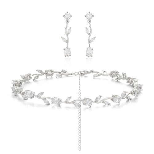 Wedding Jewelry Set for Women CZ Teardrop Flower Leaf Filigree Necklace Earrings Party Prom Accessories - color: Marquise Silver-Tone