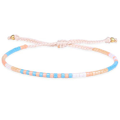 KELITCH Women Friendship Bracelet Seed Beads Miyuki Thin Strand Bracelets Adjustable Boho Jewelry - color: Beige 62L