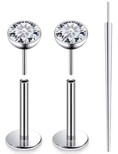 20G 18G 16G F136 Titanium Threadless Flat Back Earrings Nose Studs Tragus Forward Helix Conch Cartilage Lobe Earrings Medusa Labret Snake Bite Monroe Lip Ring Piercing Jewelry For Women Men - size: 20G-8MM Bar-CZ 3MM