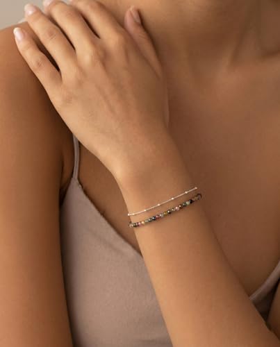 Bracelet Stack for Women, Set of 2 Bracelets, 925 Sterling Silver Satellite Chain, Natural Gemstones Beaded Strand, 6.5"+1" Extender Chain