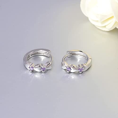CiNily 14K White Gold Plated Small Hoop Earrings for Women Girls Heart Cubic Zirconia Hypoallergenic Earrings - color: Silver-purple