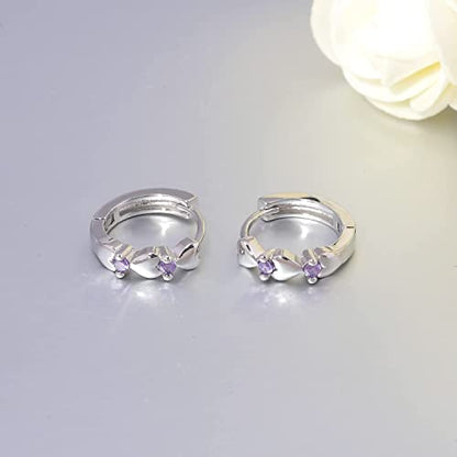 CiNily 14K White Gold Plated Small Hoop Earrings for Women Girls Heart Cubic Zirconia Hypoallergenic Earrings - color: Silver-purple