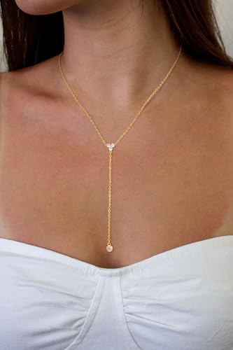 Lariat Gold Necklaces for Women Trendy Dainty Long Necklace 14k Gold Plated/Silver Layered Drop Beaded Chain Necklaces Y-shaped Pendant Necklace Simple Gold Jewelry Gifts - color: Y Triangle-Gold