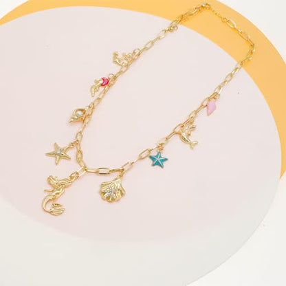 JNF Cute Shell Conch Boho Charm Necklace for Women Sun Moon Star Coin Heart Flower Boot Bow Charms Necklaces Summer Beach Jewelry - color: coastal beach necklace
