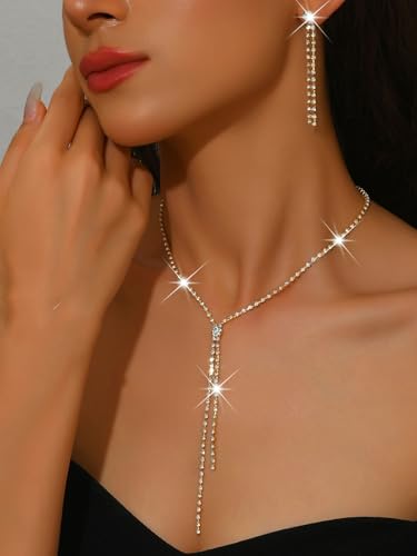 MIFYNN Rhinestone Wedding Set for Women Sparkle Crystal Earrings Necklace Bracelet Jewelry Set Wedding Party Prom Jewelry Set for Brides Bridesmaid - color: Gold1