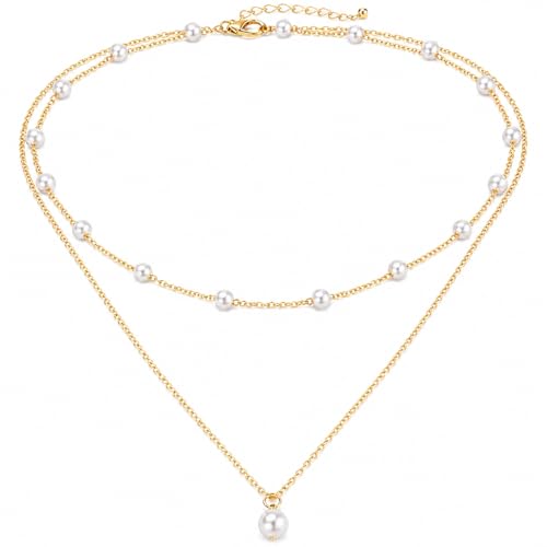14K Gold Plated Layered Pearl Necklace, Waterproof Double Strand Choker | 14K gold plated, waterproof chains, embedded faux pearl stations, single pendant, fits beach, business or casual wear.