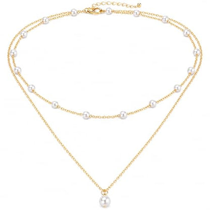 14K Gold Plated Layered Pearl Necklace, Waterproof Double Strand Choker | 14K gold plated, waterproof chains, embedded faux pearl stations, single pendant, fits beach, business or casual wear.