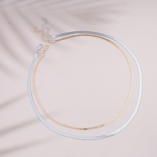 Gold Choker Necklace Dainty Cuban Link Necklace Simple Flat Snake Chain Necklace Layered Herringbone Necklace Hip Hop Jewelry for Women - style: Style-4