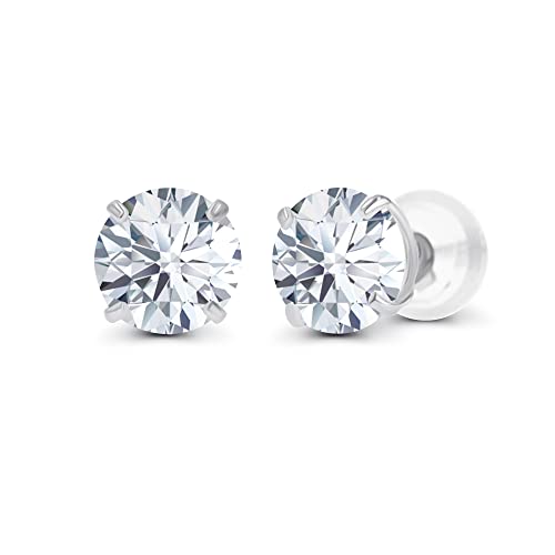 Solid 925 Sterling Silver Gold Plated 6mm Round Genuine Birthstone Gemstone Hypoallergenic Stud Earrings For Women - color: Created-White-Sapphire