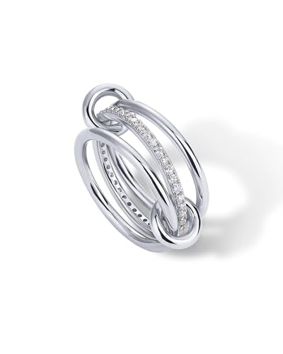 PAVOI 14K Gold Plated Interlocked Stackable Rings for Women - Statement Mixed Metals Multi Ring Stack - Cubic Zirconia Two-Toned Connected Bands Stacking Jewelry - style: Thin Bands & CZ -White Gold