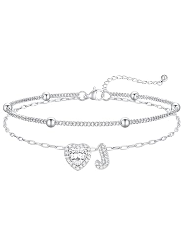 FaithHeart Waterproof Initial Ankle Bracelets for Women, Initial Anklets with Heart CZ Stainless Steel Layered Letter A-Z Anklet No Tarnish Ankle Jewelry - color: Silver, size: Initial J