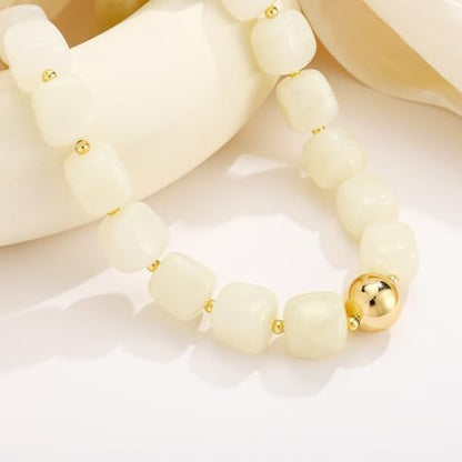 Chunky Beaded Necklace for Women Boho Statement Bead Necklace Adjustable Choker with Polished Disc/Square Beads Trendy Summer Beach Jewelry Gifts - color: White