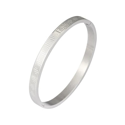 4/6/8MM Greek Key Meander Bracelet Oval Stainless Steel Bangle Cuff Gifts for Women Men - color: Silver, size: 6mm