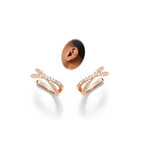 Sterling Silver Ear Cuffs Non Piercing Fake Conch Cuff Earrings for Women | 2 Pcs Adjustable Hypoallergenic Clip On Cartilage Helix Earrings with 5A Cubic Zirconia, 16K Gold Plated/Silver/Rose Gold - color: Rose gold