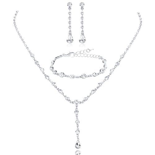 CAVETEE Jewelry Set - Prom Jewelry Crystal Bridal Necklace, Bracelet & Pendant Earring Jewelry Set for Women - style: Waterdrop crystal