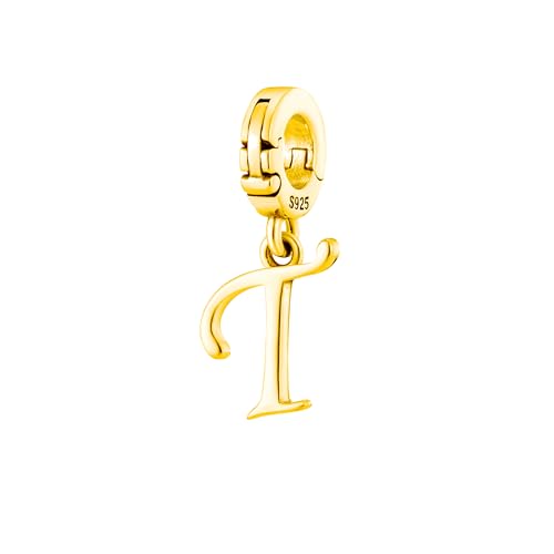 A-Z Alphabet Letters Versatile Clip On Open Multi-Clasp Pendant 925 Sterling Silver Charm For Pandora & Other Link Charm Bracelets/Necklaces/Anklets/Etc - color: Yellow Gold, size: T