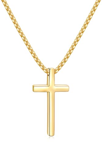 Fiusem Cross Necklace for Men, Stainless Steel Cross Pendant Jewelry Gift | Silver/Gold/Black Mens Cross Necklaces with 2.5mm Cross Chain, Box Chain 16-28 Inch - size: 20.0 Inches, style: Small Golden cross: 1.2" * 0.7"