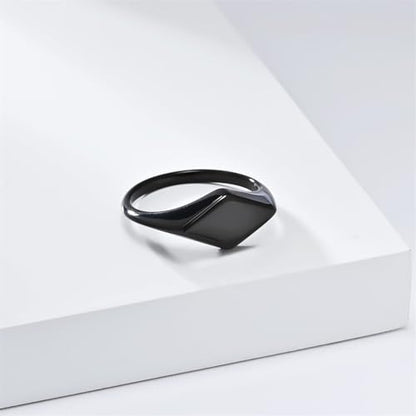 Minimalist Stainless Steel Signet Ring Polished Geometric Flat Top Band Simple Statement Ring for Women and Men - color: Black