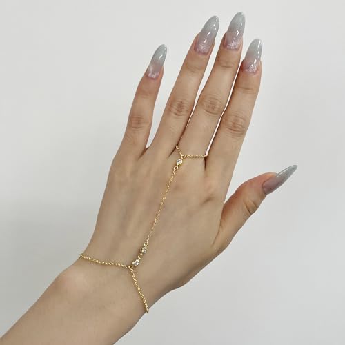 Kakikaki 925 Sterling Silver Finger Ring Bracelet Hand Chain for Women | Slave Bracelets 7" to 9" Adjustable - color: Gold, style: 3 Diamond