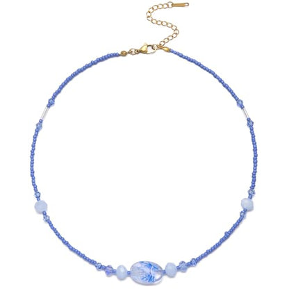 Beaded Necklaces for Women Summer Beach Beaded Necklace Bead Choker Boho Necklaces for Women Handmade Summer Jewelry Stainless Steel 18K Gold Plated - color: Blue