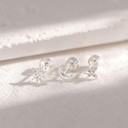 3 Pair Tiny Flat Back Earrings for Women - 14K Gold/White Gold Plated Dainty Cute Small Screw Flatback Stud Earring, Everyday Wear Gift - color: Star&Moon Flat-5/6/7mm Silver