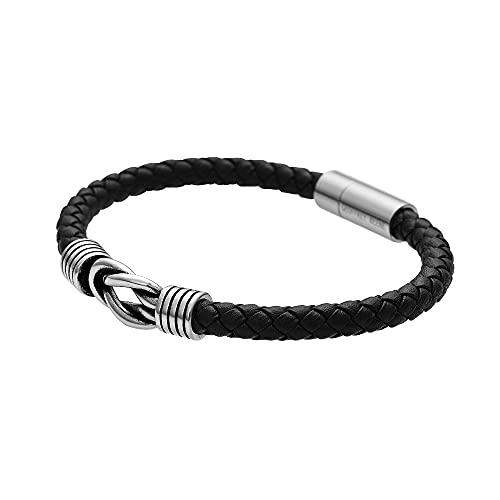 Geoffrey Beene Men's Braided Genuine Leather Knot Bracelet with Stainless Steel Closure - color: Black