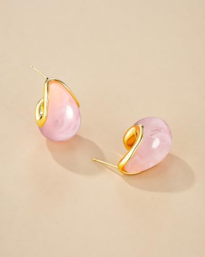SNGIA Oval C Shape Chunky Dangle 18K Gold Plated Hoops with Colored Resin Gemstone Statement Earrings for Women by SNGIA, (Green, Brown, Blue, Pink, White, Cream), Long Bold Drop Handmade Exaggerated Irregular Trendy Bohemian Jewelry Gifts, Unique Danglin