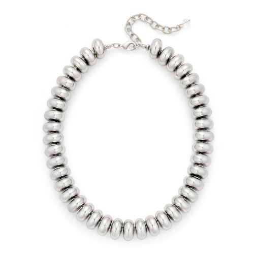 Chunky Beaded Necklace for Women Boho Statement Bead Necklace Adjustable Choker with Polished Disc/Square Beads Trendy Summer Beach Jewelry Gifts - color: Silver