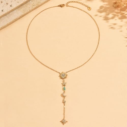 Lariat Necklaces for Women 18K Gold Plated Cubic Zirconia Heart Necklaces Dainty Star Lightning Sun and Moon Necklace Trendy Y Shaped Drop Diamond Necklace - color: Sun Moon Star Lightning Y Necklace-Gold